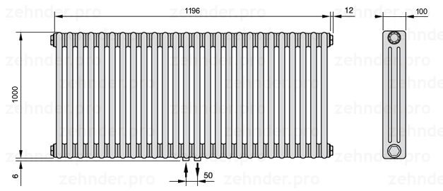 Схема (чертеж) Радиатор Zehnder Charleston 3100/26 №3470 Белый глянцевый RAL 9016